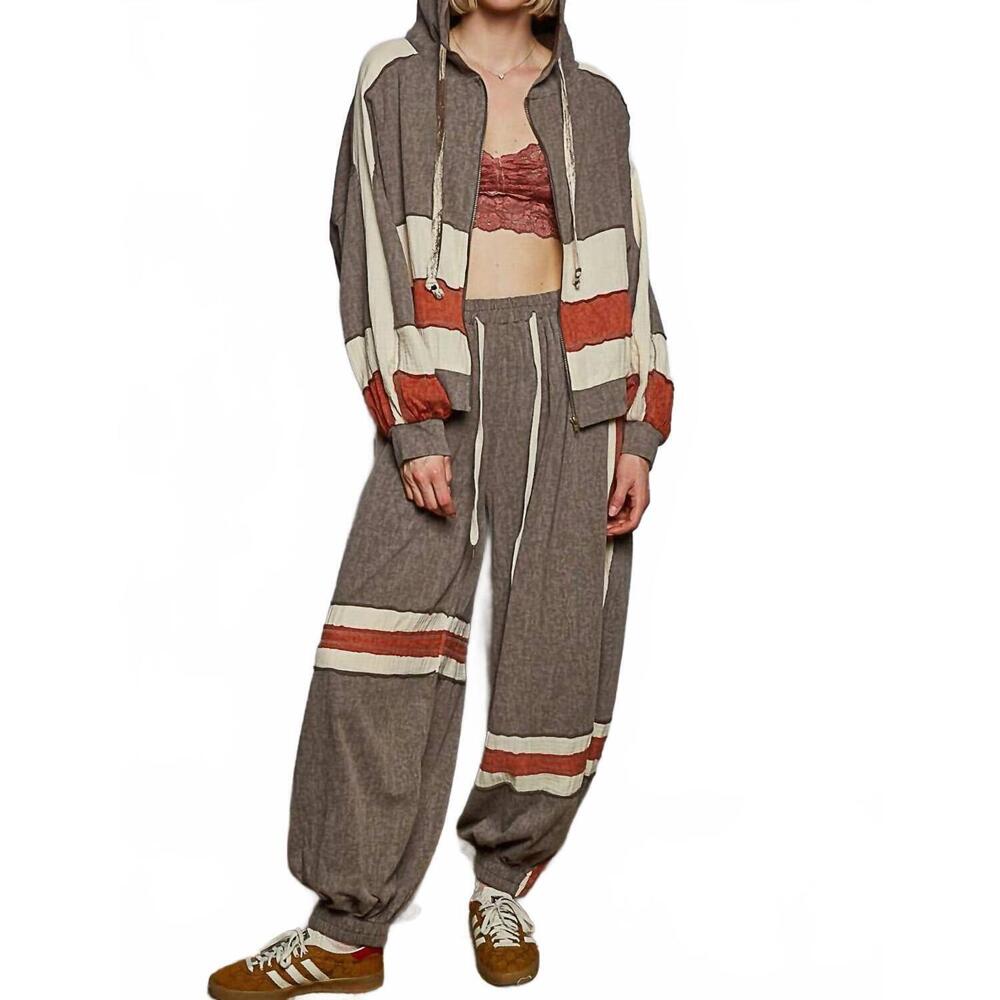 NEW POL vintage washing double gauze patch solid hooded zip up top in charcoal - Picture 6 of 7